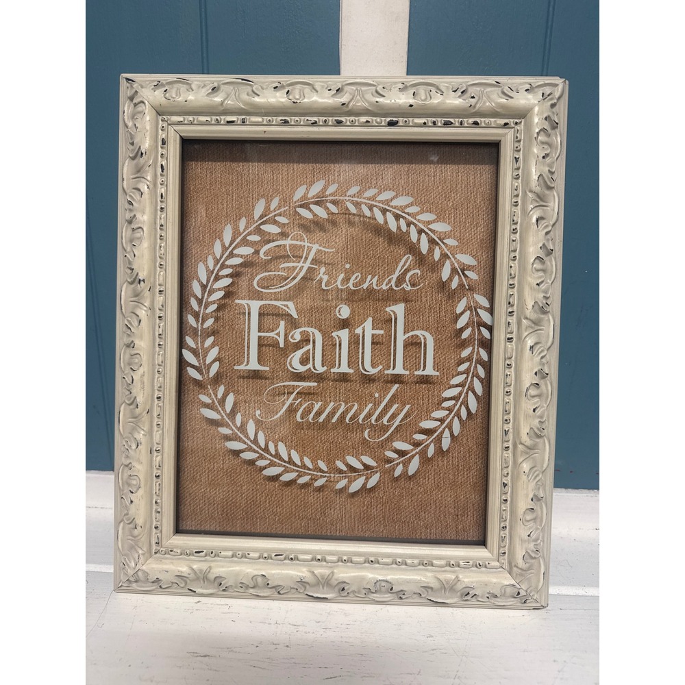 Hobby Lobby Friends Faith Family Wall Art Distressed Ivory Frame Burlap 11x13"